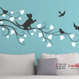 عکس برچسب دیواری شاخه دو رنگ با طرح گربه ناز