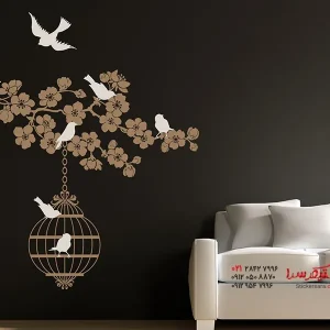 عکس برچسب دیواری شاخه گل با قفس پرنده