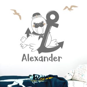 برچسب دیواری شیر دریایی بامزه با لنگر