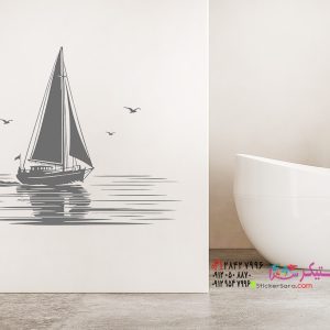 عکس برچسب دیواری طرح قایق بادبانی با مرغ دریایی