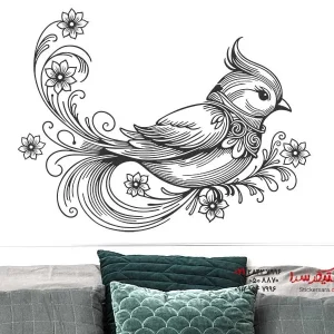 برچسب دیواری طرح پرنده زیبا با گل