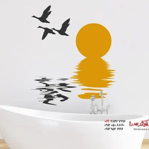 برچسب دیواری طلوع خورشید کنار دریا و پرنده