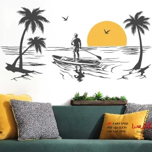 عکس برچسب دیواری قایق‌رانی ایستاده زیر درختان نخل