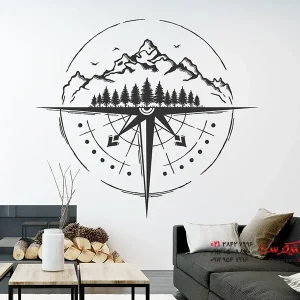 عکس برچسب دیواری قطب نما گل رز با منظره کوهستان