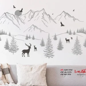 عکس استیکردیواری منظره کوهستان با جنگل صنوبر_عکس