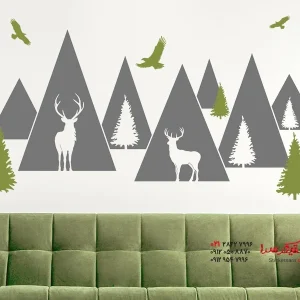 برچسب دیواری منظره کوهستانی مدرن با گوزن