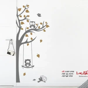 برچسب دیواری نیم درخت با طرح حیوانات جنگلی