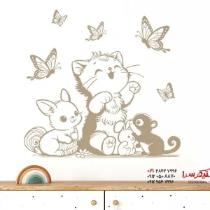 برچسب دیواری گربه با خرگوش و پروانه