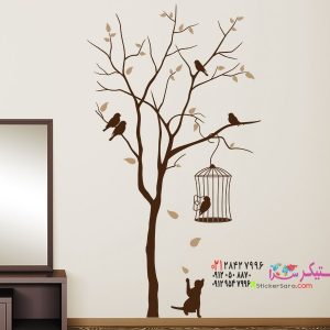 عکس برچسب دیواری گربه زیر درخت با قفس پرنده