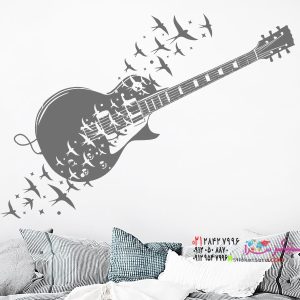 غکس برچسب دیواری گیتار قدیمی با طرح پرندگان