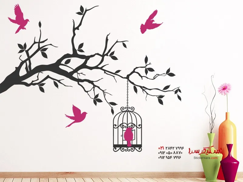 شاخه استیکر دیواری با قفس پرنده ملیله کاری شده_عکس عکس شاخه استیکر دیواری با قفس پرنده ملیله کاری شده