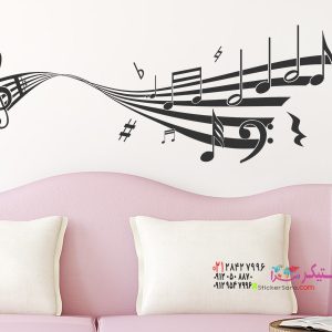 عکس برچسب دیواری تزئینی به شکل نت موسیقی منحنی با نت‌ها و کلیدهای مختلف