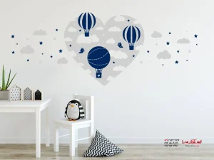 استیکر دیواری قلب ابری با بادکنک و جغد آبی