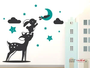 برچسب دیواری اتاق خواب دخترانه، طرح خرگوش و گوزن، فیروزه‌ای
