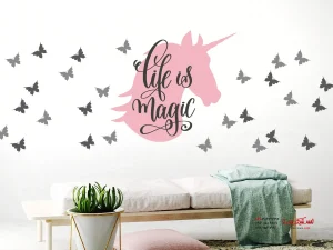 برچسب دیواری اسب تک شاخ با طرح نقل قول و پروانه