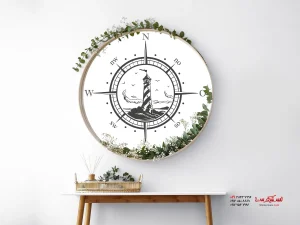 برچسب دیواری قطب نما با طرح فانوس دریایی روی آینه