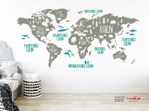 برچسب دیواری نقشه جهان با طرح حیوانات به رنگ خاکستری فیروزه‌ای