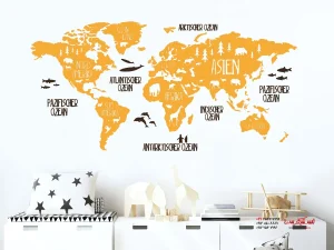 برچسب دیواری نقشه جهان با طرح حیوانات، زرد و قهوه‌ای