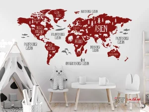 برچسب دیواری نقشه جهان با طرح حیوانات قرمز خاکستری