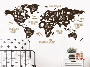 برچسب دیواری نقشه جهان با حیوانات قهوه ای بژ