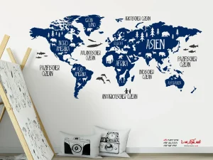 برچسب دیواری نقشه جهان با طرح حیوانات، آبی-خاکستری