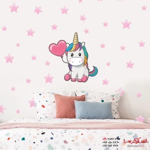 استیکر دیواری اتاق کودک اسب تک شاخ با قلب ستاره