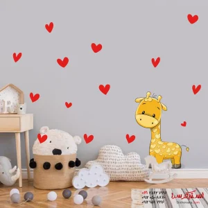 برچسب دیواری کودک طرح زرافه و قلب ها