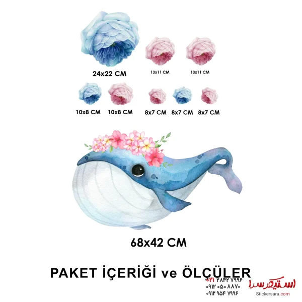 تزیین دیوار اتاق کودک طرح نهنگ مهربان و انواع گل - Image 2