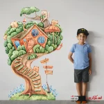 خرید برچسب دیواری کلبه جنگلی درختی گربه