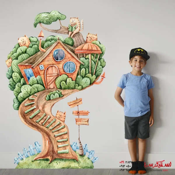 خرید برچسب دیواری کلبه جنگلی درختی گربه