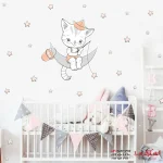 برچسب دیواری اتاق کودک گربه روی ماه با ستاره